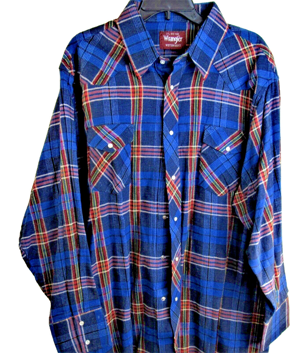 Wrangler Plaid Long Sleeve Shirt Pearl Snaps Size 2XL Blue See Condition Below